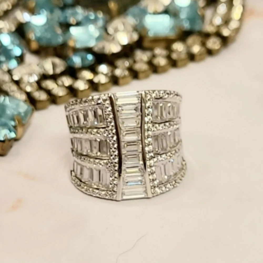 Tapered Baguette & Round White Diamond Sterling Silver Ring Sz 8